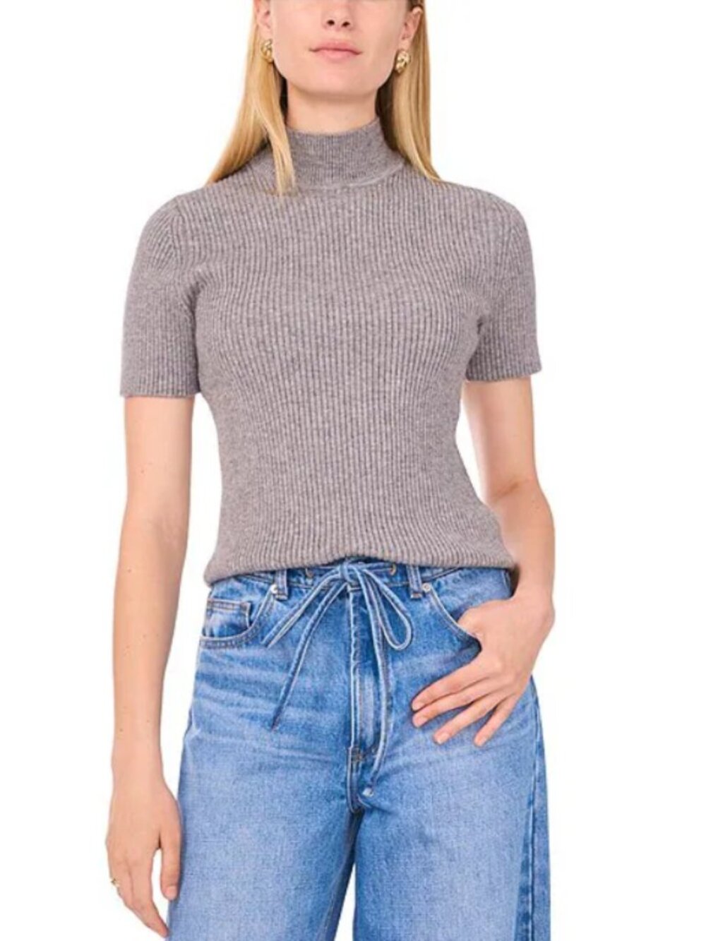 Heather Gray Turtle Neck Short Sleeve Sweater